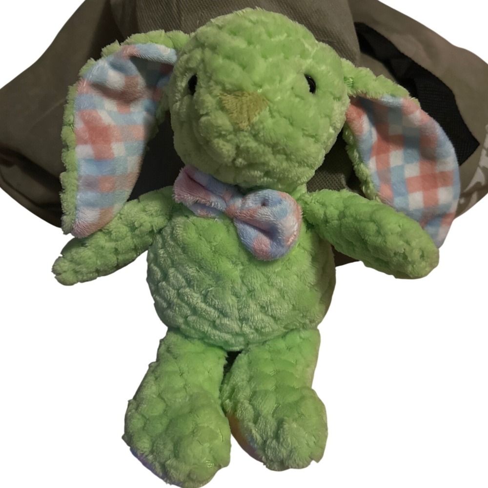 Kellytoy Green Waffle Popcorn Plush Bunny Rabbit Pastel Plaid Bow Easter Stuffed